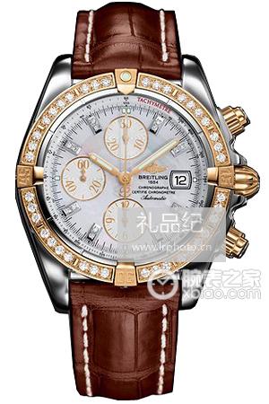 百年灵机械计时系列精钢及18K玫瑰金表壳镶钻表圈-珍珠贝母表盘镶钻刻度-鳄鱼皮表带腕表