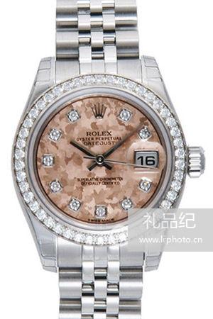 劳力士女装日志型系列179384粉红色金晶镶钻腕表